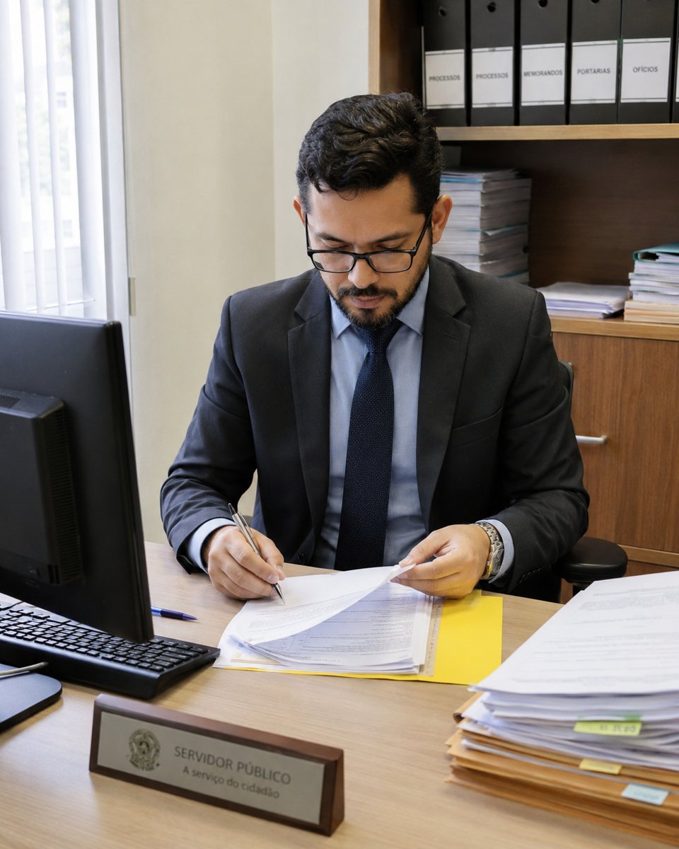 Servidor público analisando processos em seu gabinete